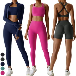 Wholesale Custom Logo Yoga Set Fitness Suit Women Gym Clothes 4 Piece Sports Bra Butt Lift Shorts Leggings Long Sleeve Jackets