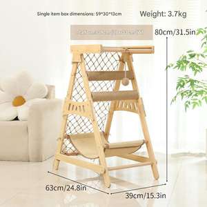 Torre de Actividades para Gatos de Madera Sólida, Árbol para Gatos Multifuncional con Red de Escalada, Postes para Rascar, Hamaca y Percha - Product Image 6