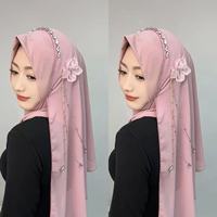 Hijab Muslimah Wanita, Kerudung Chiffon Patchwork Beludru Kristal Berhias Manik-Manik Jahitan Tangan Motif Bunga Kain