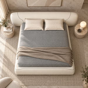 Lit avec tête de lit incurvée en tissu, cadre en bois massif de bouleau russe, mousse haute densité, pieds en métal, lit de 1,8 m pour la chambre à coucher - Product Image 2