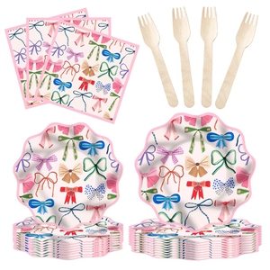 DAMAI - Platos y Vasos Desechables de Papel con Diseño de Lazo para Fiestas de Cumpleaños, Decoraciones Rosas para Fiestas de Niñas - Product Image 3