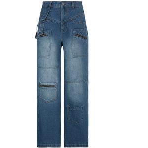 กางเกงยีนส์เอวสูงทรงตรงมีกระเป๋า, กางเกงยีนส์ลำลองสไตล์สตรีท - Product Image 6