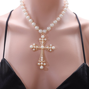 European American Imitation Pearl Alloy <b>Cross</b> Necklace Gold White K AA Grade Everyday Wear Geometric Design Clavicle <b>Chain</b> - Product Image 1