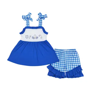 GSSO0717 Flashlights and police cars embroidered bow suspenders blue and white plaid shorts clothing sets for girls