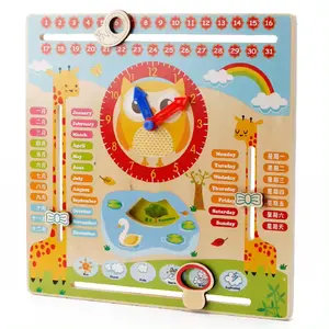 Wooden children's calendar clock board building blocks puzzle time cognition enlightening early education puzzle owl clock
