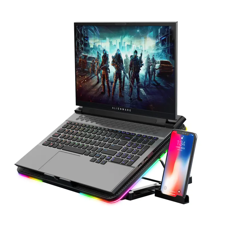 F5 Laptop Cooling Pad RGB Gaming Laptop Cooler Portable Notebook Cooling Stand Pad with 6 Quiet Led Fans Dual USB 2.0 Ports