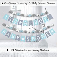 Kit de décoration pour baby shower garçon : guirlande de ballons bleus et gris, lanternes en papier, boules en nid d'abeille, éventails, bannière éléphant