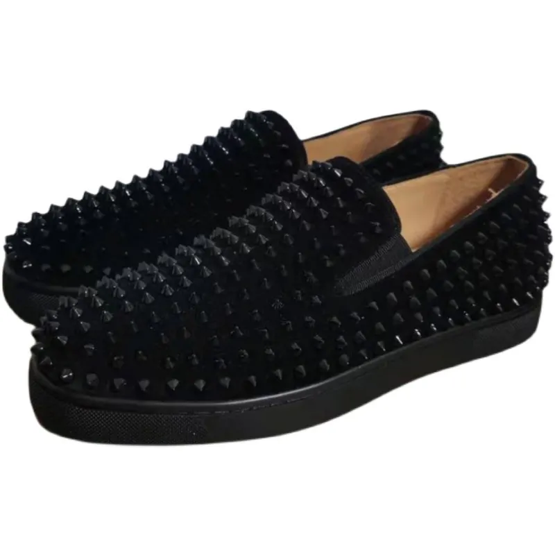 VALLU Spring Top quality pure black round head rivet low-top flat shoes European American style Men Women couples flat Shoes