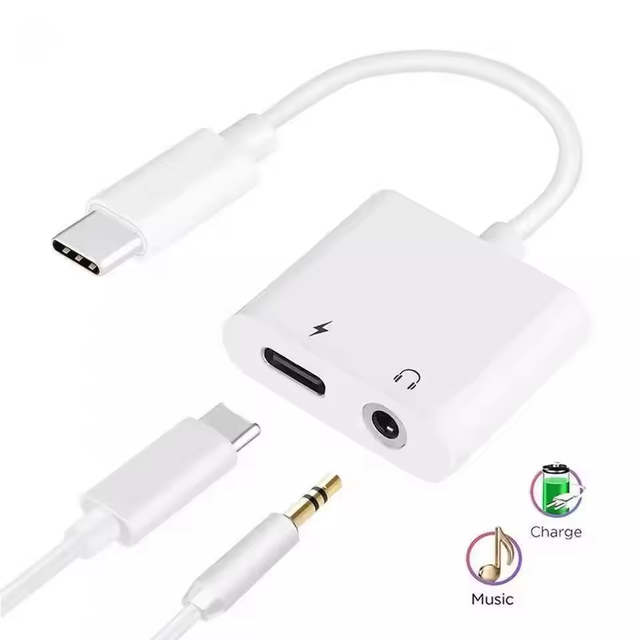 Dual USB Type C Splitter 2-in-1 Audio Fast Charge 3.5mm Aux Headphone Adapter for S20 Ultra S10 9 Note10 Plus 5V 2A Output OTP