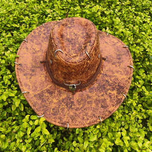 여성 남성을 위한 금속 링이 있는 서양식 와이드 브림 PU 가죽 카우보이 모자 - Product Image 5