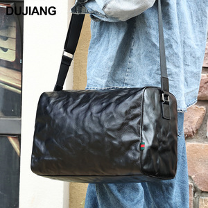 Dujiang Men's Genuine Leather Shoulder <b>Bag</b> Large Capacity Travel Business Gym Crossbody <b>Bag</b> Black Hand-Scratched Texture - Product Image 1