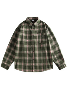 Camicia a maniche lunghe in stile giapponese retrò a quadri, vestibilità ampia, in tessuto spazzolato, per uomo, donna, coppia, casual - Product Image 1