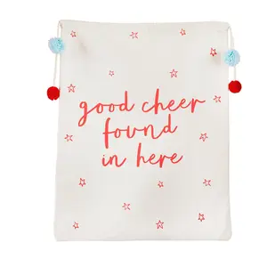 父亲圣诞礼物袋可重复使用的红色和白色，带拉绳和绒球圣诞礼物包装
