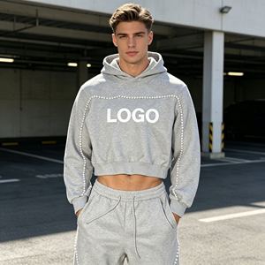 ชุดฮู้ดดี้ครอปผู้ชาย ปักลาย 3 มิติ ล้างสีแบบแอซิด ประดับเพชรฮอต 560GSM ชุดฮู้ดดี้และกางเกงวอร์มสำหรับผู้ชาย เสื้อผ้าผู้ชายราคาประหยัด - Product Image 4