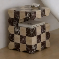 Table basse carrée moderne en travertin et marbre naturel Rosso Levanto, table à damier, table basse moderne en marbre, tables d'appoint