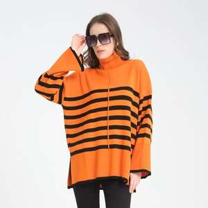 عارضة الخريف الشتاء جرس كم دافئ اليومية في الهواء الطلق البلوز محبوك المرأة المتضخم مخطط الياقة المدورة سترة متماسكة - Product Image 3