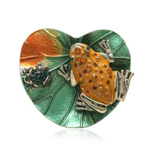 Vintage Heart Lotus Leaf Colorful Frog Brooch Pin Green Enamel Lotus Leaf Rhinestone Crystal Toad Brooch