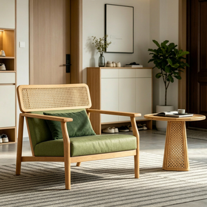 Chaise de salon scandinave en bois avec assise rembourrée verte et dossier en rotin, mobilier moderne pour la maison - Product Image 1