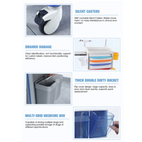 Chariot de traitement hospitalier multifonctionnel en ABS avec tiroirs, poubelle et panier à accessoires pour usage clinique