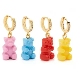 Gemnel new European style colourful resin bear charm high grade synthetic zirconia 925 silver hoop earring