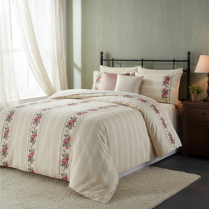 Authentic King Twin Size Duvet Cover <b>Set</b> Cream-Colored <b>Stripes</b> Pink Flower Embroidery 4pc Home Use Cotton - Product Image 3