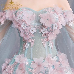 S2826R New One-shoulder Ribbon fairy Sweet Three-dimensional Flower Embellishment Princess Mesh Light Evening Dress - Product Image 4