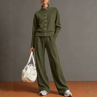 Ensemble décontracté pour femme 2026 : Cardigan à col montant et manches longues de couleur unie et pantalon large en polyester et élasthanne, coupe ample