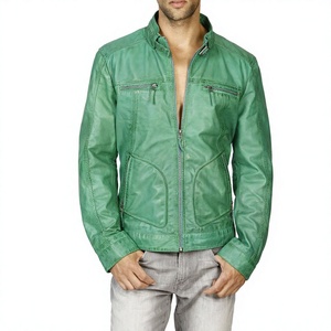 Custom Men's KLJM6 High Quality Sheep Skin Leather 100% Cotton Jacket <b>Mint</b> Color Waxed Edges Canvas Stand Collar Windproof - Product Image 3