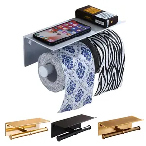 Space Aluminum Self Adhesive Double Toilet Paper Holder With Shelf Toilet Paper Roll Holder Toilet Roll Holder