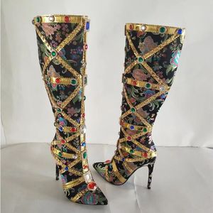 Retro Fashion Botas De Cano Alto Pencil Heel Shoes Knee High Luxury Boots for Women - Product Image 6