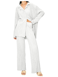 Ensemble chemise élégante 2 pièces pour femme en Spandex/Polyester à rayures, coupe classique, manches longues, col rond, décontracté, automne, longueur cheville - Product Image 1