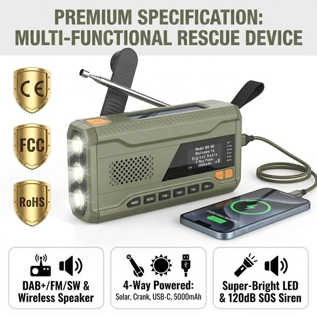 Premium 4500mAh Wireless DAB Emergency Radio With Solar Hand Crank Dynamo Charger LED Flashlight SOS Alarm Survival
