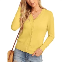 Cardigan en maille côtelée à col en V et manches longues pour femme, avec bordure festonnée et boutons, motif uni
