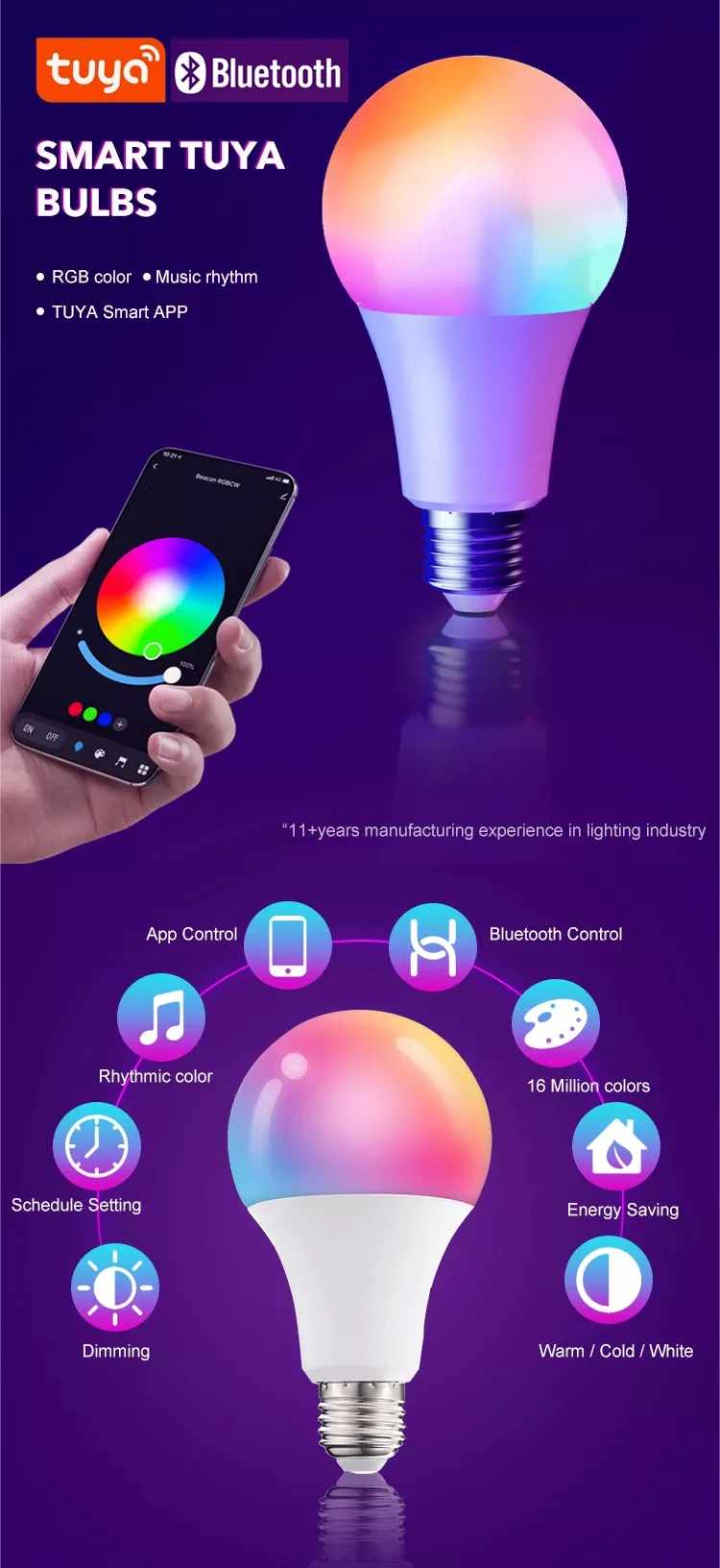 Fxpot Energy Saving Remote Tuya App Control E27 10W 16 RGB Colors Dimming Led Smart Light Alexa Bulb