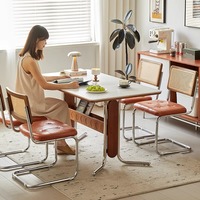 Table à manger pliable multifonctionnelle en bois avec plateau en pierre frittée, style vintage, pour petit appartement, style Bauhaus français, rectangulaire