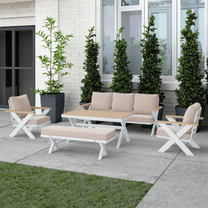 Conjunto de Muebles de Jardín Modulares Modernos de Aluminio Blanco de Alta Calidad, 5 Piezas, Mesa de Comedor con Diseño de Marco en X para Patio, Terraza o Parque - Product Image 3