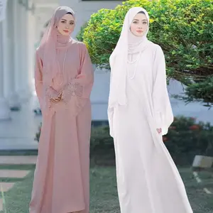 Hồi giáo phụ nữ của áo choàng Malay Indonesia Crew Neck ăn mặc với ren hijab 2 PCS Bộ Hồi giáo abaya và hijab Trắng Muslim abaya