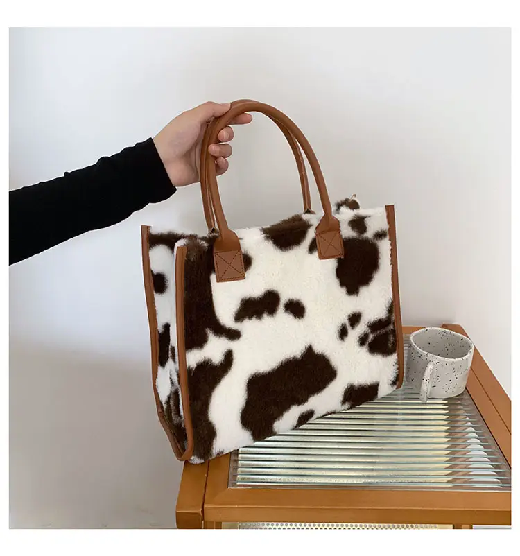 Bolsa de inverno para mulheres, sacola grande com estampa de oncinha de vaca falsa para moças