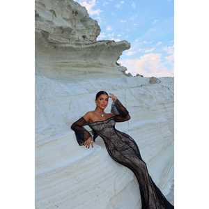 Robe de soirée formelle noire en dentelle Marianna, crochetée, coupe trapèze, taille empire, manches courtes, décolleté cœur, nœud, luxe, longueur au sol, XL - Product Image 6