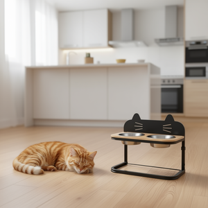 Double bol en acier inoxydable surélevé pour animaux de compagnie, en forme d'oreille de chat, pour chats d'intérieur, style moderne, modèle D0100HPT3Z7 - Product Image 2