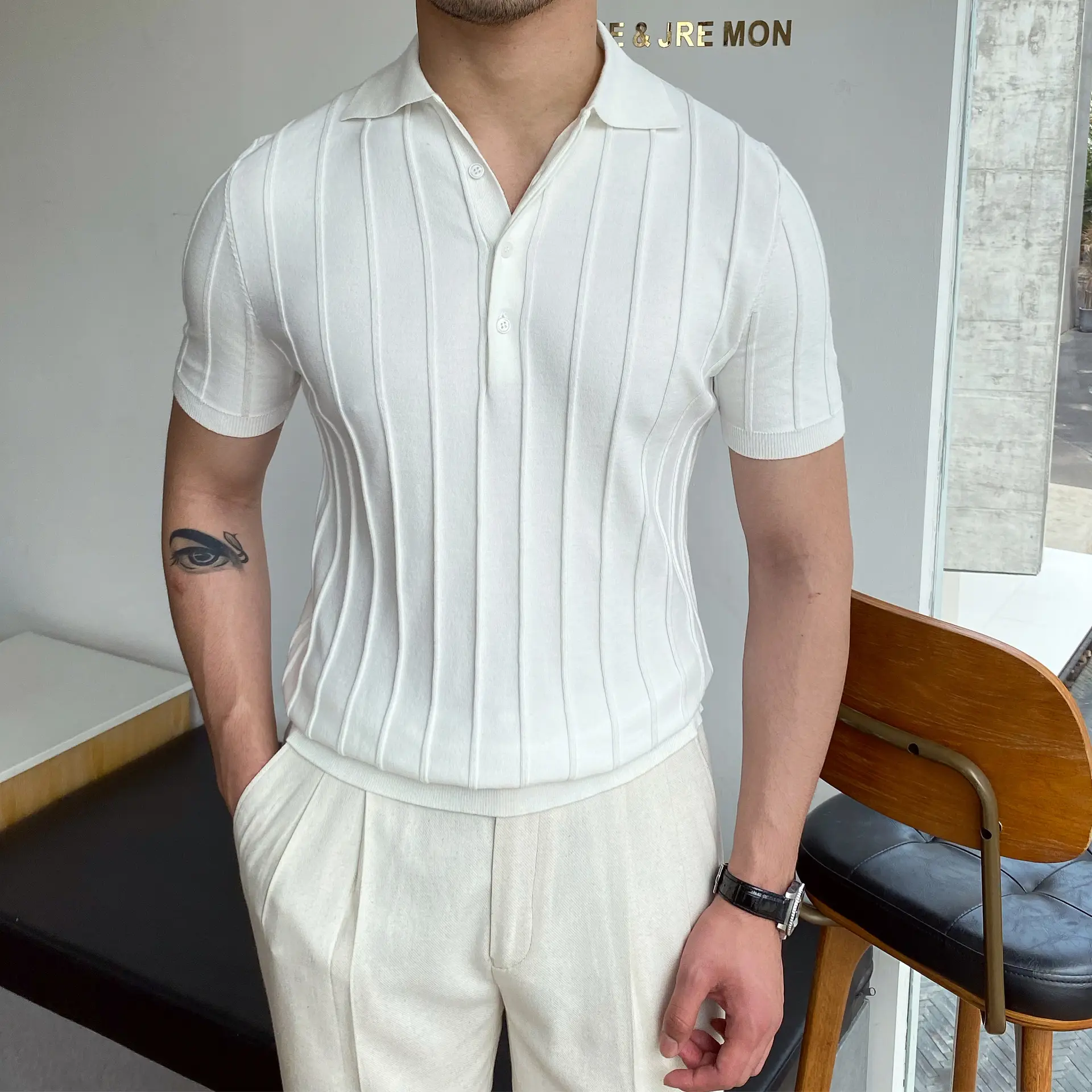 QC Custom Color Printed Vertical Stripes Thread Lapel Button Short Sleeve Polo Shirts Men's T-shirts