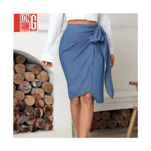Rok <span class=keywords><strong>Denim</strong></span> wanita, Vintage Fashion perempuan sisi simpul rok <span class=keywords><strong>Denim</strong></span> kasual dicuci Jeans tidak teratur - Product Image 1
