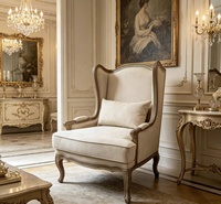 Fauteuil de loisirs classique en bois sculpté, revêtement en tissu crème, design moderne, monoplace, hauteur réglable, pour maison, bureau, bar
