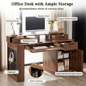 55" Modern Office Desk with Storage Cabinet & Charging Station Barn Door Writing Desk with <b>Keyboard</b> <b>Tray</b> Eco-Friendly Durable - Product Image 6