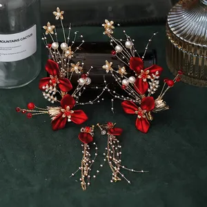 欧式镀金多珍珠红色花朵形状发夹耳环套装新娘发饰配件