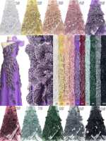 Tissu de robe de soirée en tulle avec appliques de feuilles 3D faites à la main, perles tubulaires et sequins, 2016