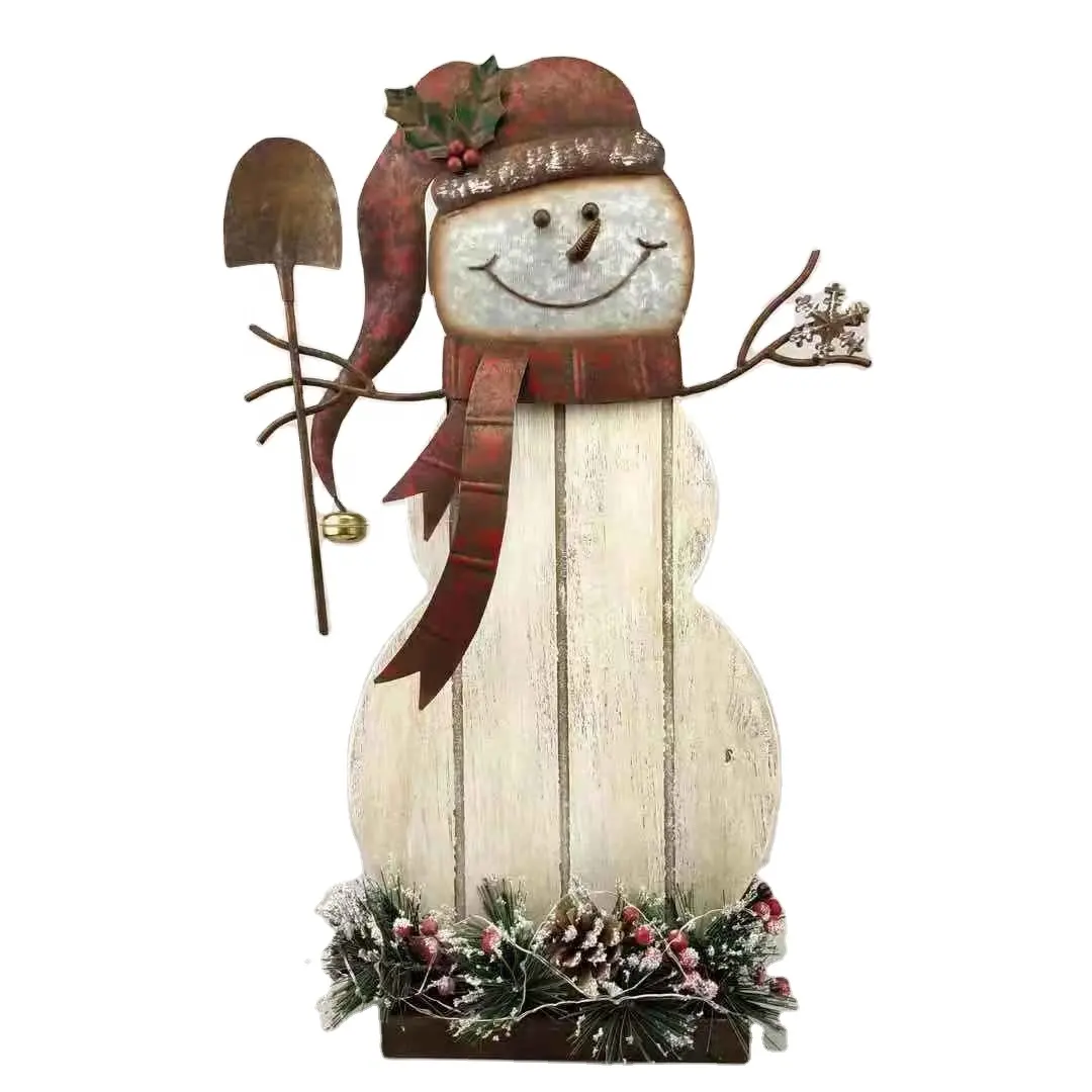 Metal with MDF christmas snowman w/LED lights and PVC wreath Figurine