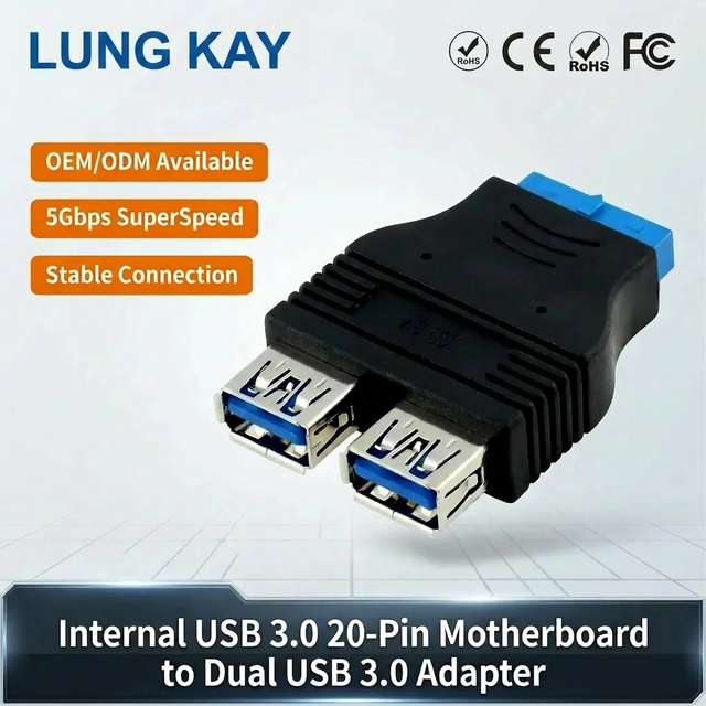 Internal USB 3.0 20-Pin Motherboard Header to Dual USB 3.0 Type-A Female Adapter 5Gbps High-Speed Shielded Connector