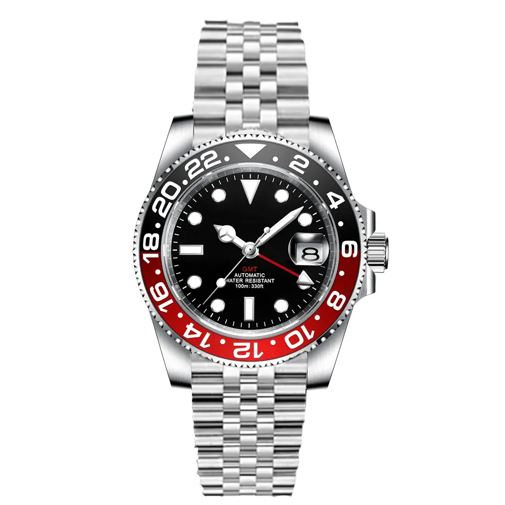Jam tangan mekanis pria, arloji mewah tali baja safir asli tahan air 10ATM GMT NH34 otomatis bisnis Montre Homme