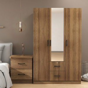 Armoire de chambre moderne grand format 3 portes 2 tiroirs miroir panneau bois appartement atelier maison salle de sport hôtel Malaisie chêne - Product Image 3